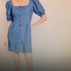 Blue Puff Sleeve Button-Down Dress